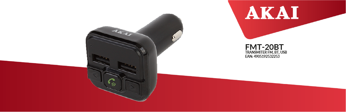 Transmiter FM AKAI FMT-20BT Bluetooth 4.2 z USB i zestawem głośnomówiącym, EAN: 4905192532253