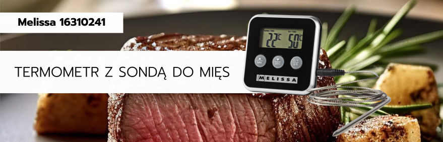 MELISSA Termometr do mięsa 16310241 – prezentacja na tle pieczonego steku