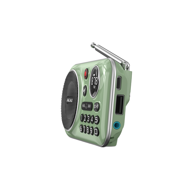 Radio przenośne AKAI APR-500 zielone, 2,5W RMS, FM, Bluetooth, USB/SD, mikrofon, nagrywanie
