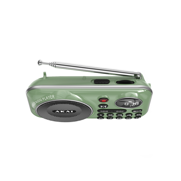 Radio przenośne AKAI APR-500 zielone, 2,5W RMS, FM, Bluetooth, USB/SD, mikrofon, nagrywanie