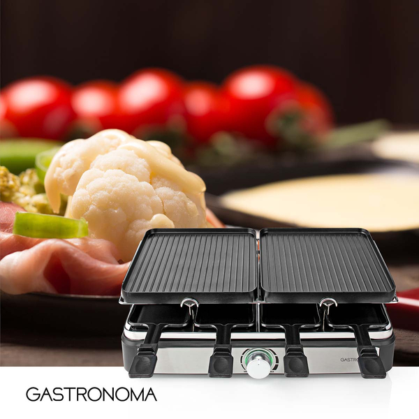 Gastronoma Grill raclette dla 8 osób 1400 W, płyta kamienna, odwracane płyty, 8 patelenek