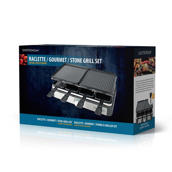 Gastronoma Grill raclette dla 8 osób 1400 W, płyta kamienna, odwracane płyty, 8 patelenek