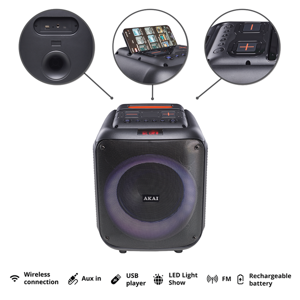 Party Speaker AKAI ABTS-V30, 40W RMS, 400W PMPO, Bluetooth 5.0, FM, AUX, bateria 3600 mAh